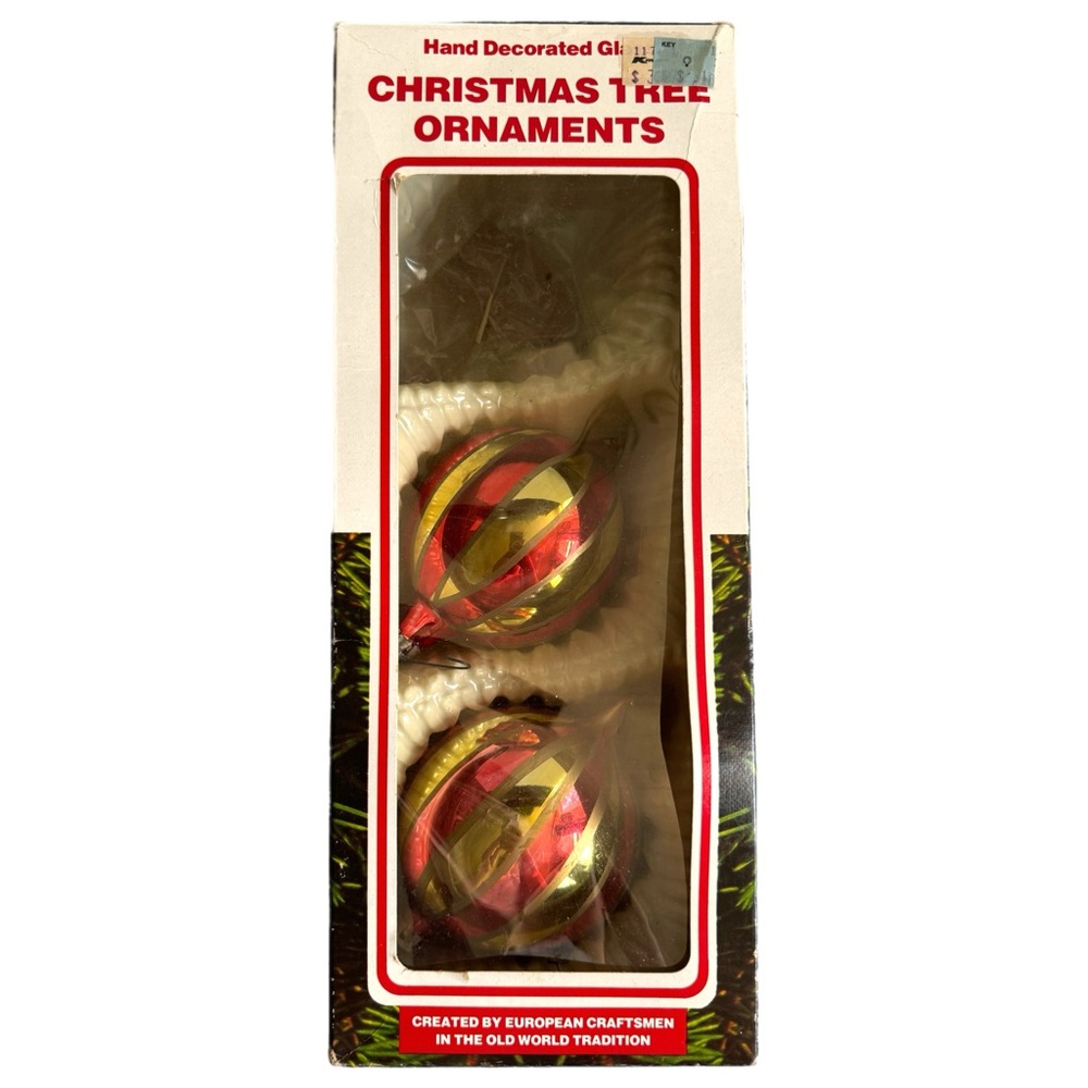 Vtg MCM Glass Christmas Ornaments Striped Red Gold Teardrop Box Set Romania READ